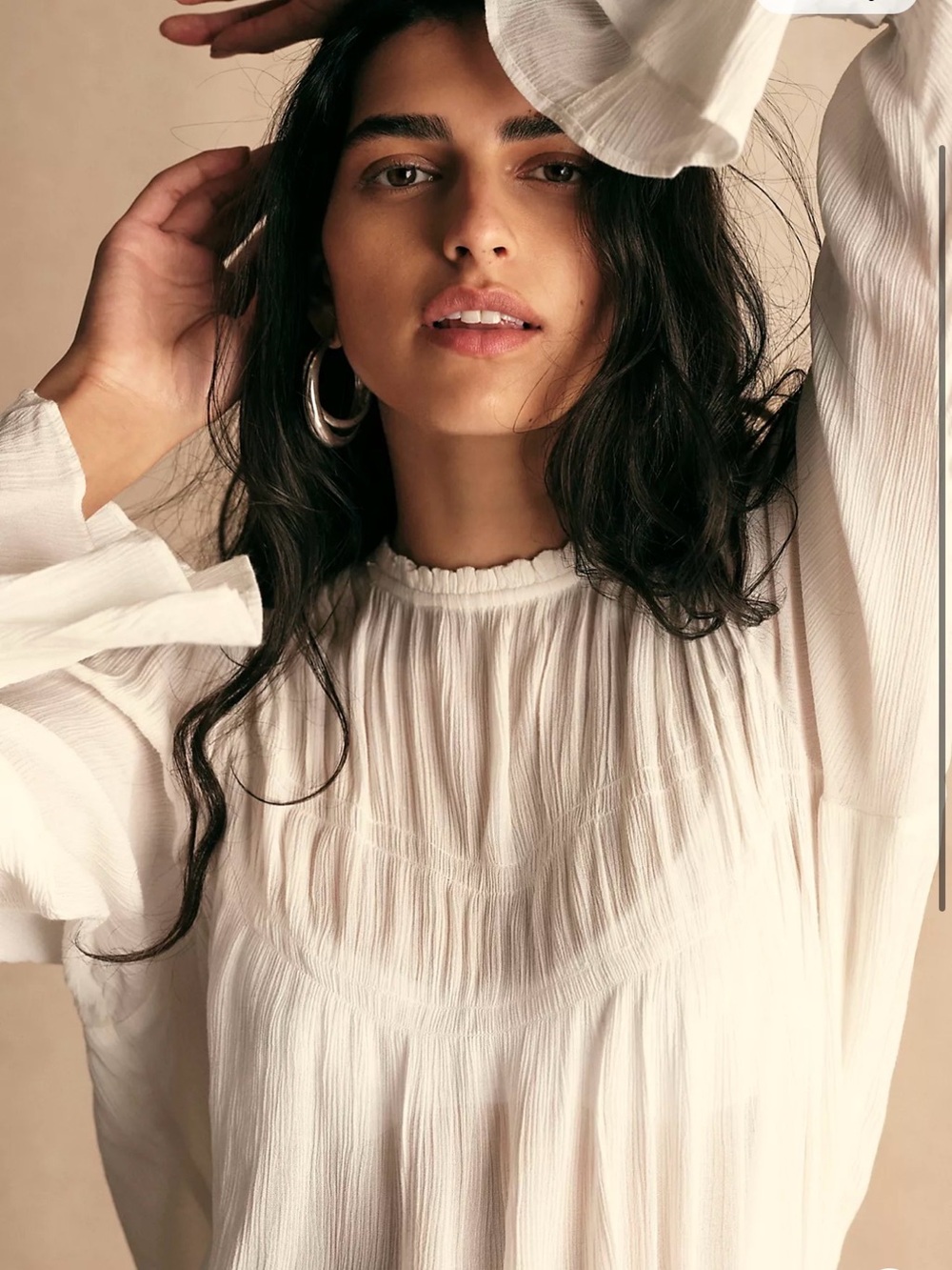 Free People Kelsey Blouse XS Crinkled Long-Sleeve Blouse - White
